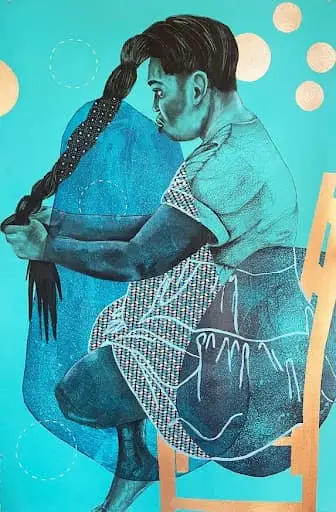 Delita Martin Stolen Glances Acrylic Charcoal printed paper Thread on Paper 40x60