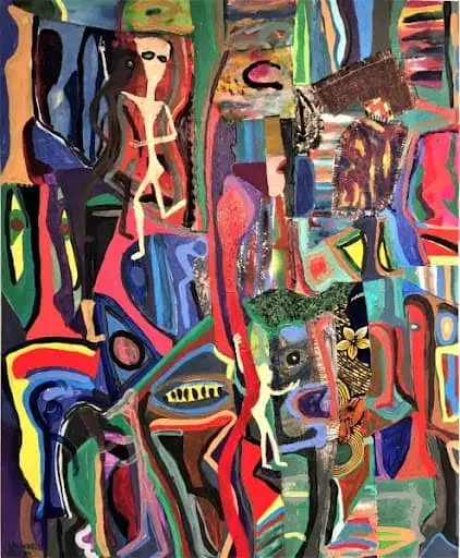 Randell Henry Garden of Earthly Delights Acrylic collage on canvas 35x28 in